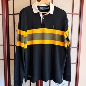 Polo by Ralph Lauren Men's Black Rugby Shirt with Yellow Stripes